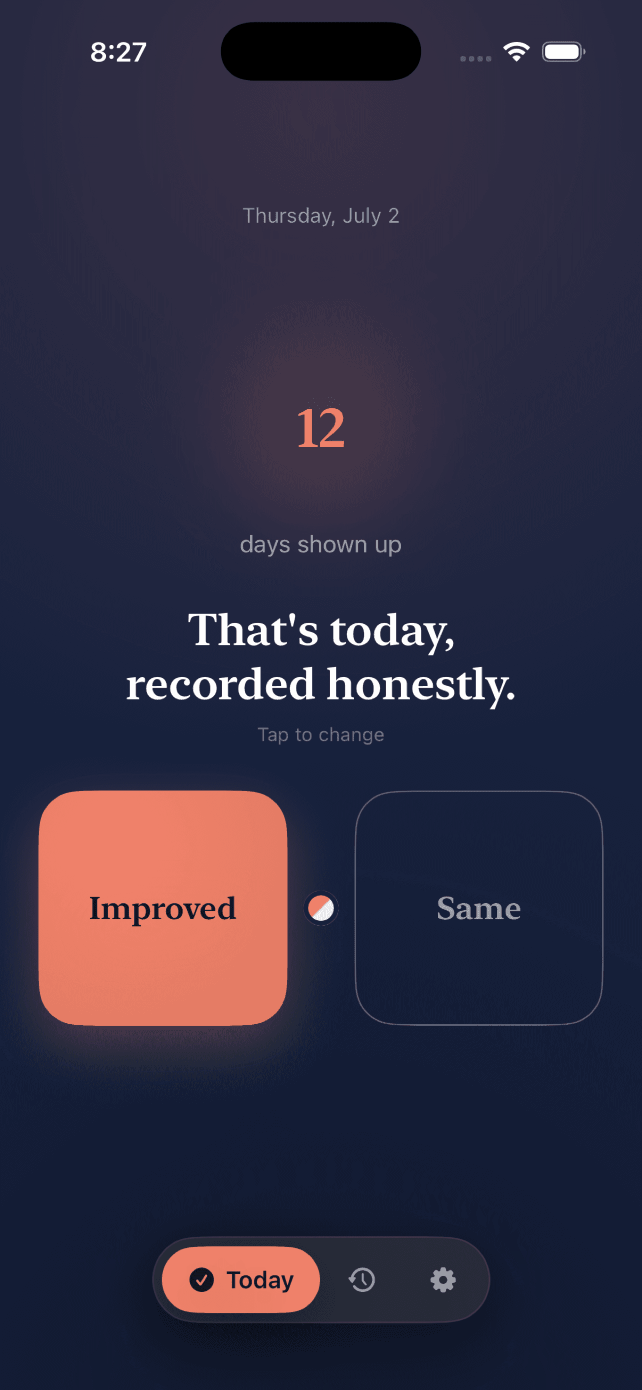 Momentous daily check-in screen showing a 12-day streak and an honest yes-or-no question